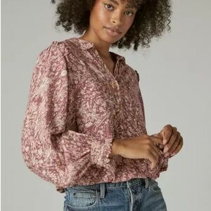 Lucky Brand Blouse Bishop Sleeve with Mandarin Collar boho Pink size small